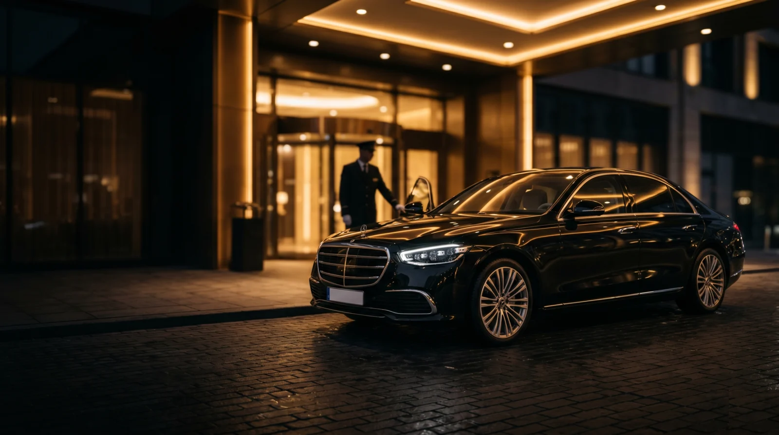Black Mercedes-Benz S-Class first class sedan with chauffeur at a Los Angeles hotel