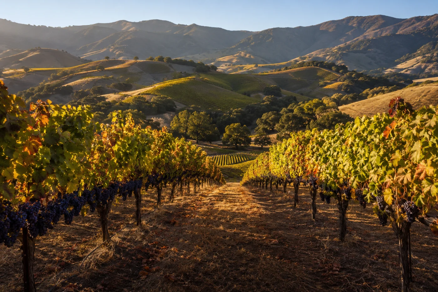 Ballard Canyon Syrah vineyard with purple grapes — Santa Barbara wine tour chauffeur
