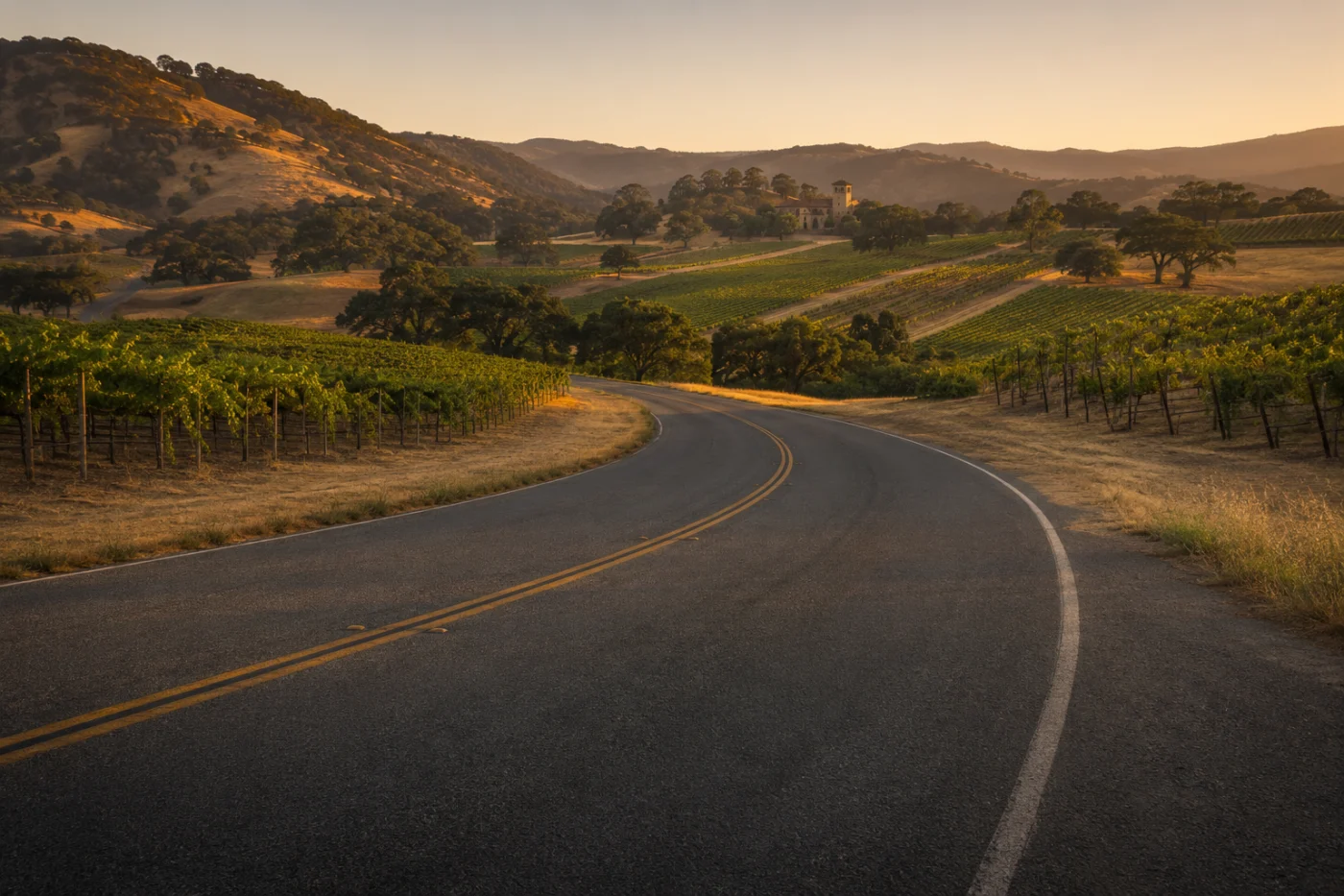 Winding road through Foxen Canyon Wine Trail vineyards — chauffeured Santa Barbara wine tour