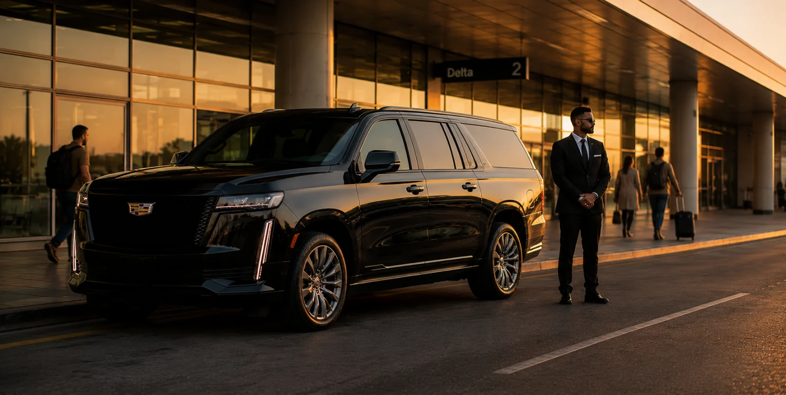 Chauffeur in a suit beside a black Cadillac Escalade at a Los Angeles airport terminal at sunset — VIP airport meet-and-greet