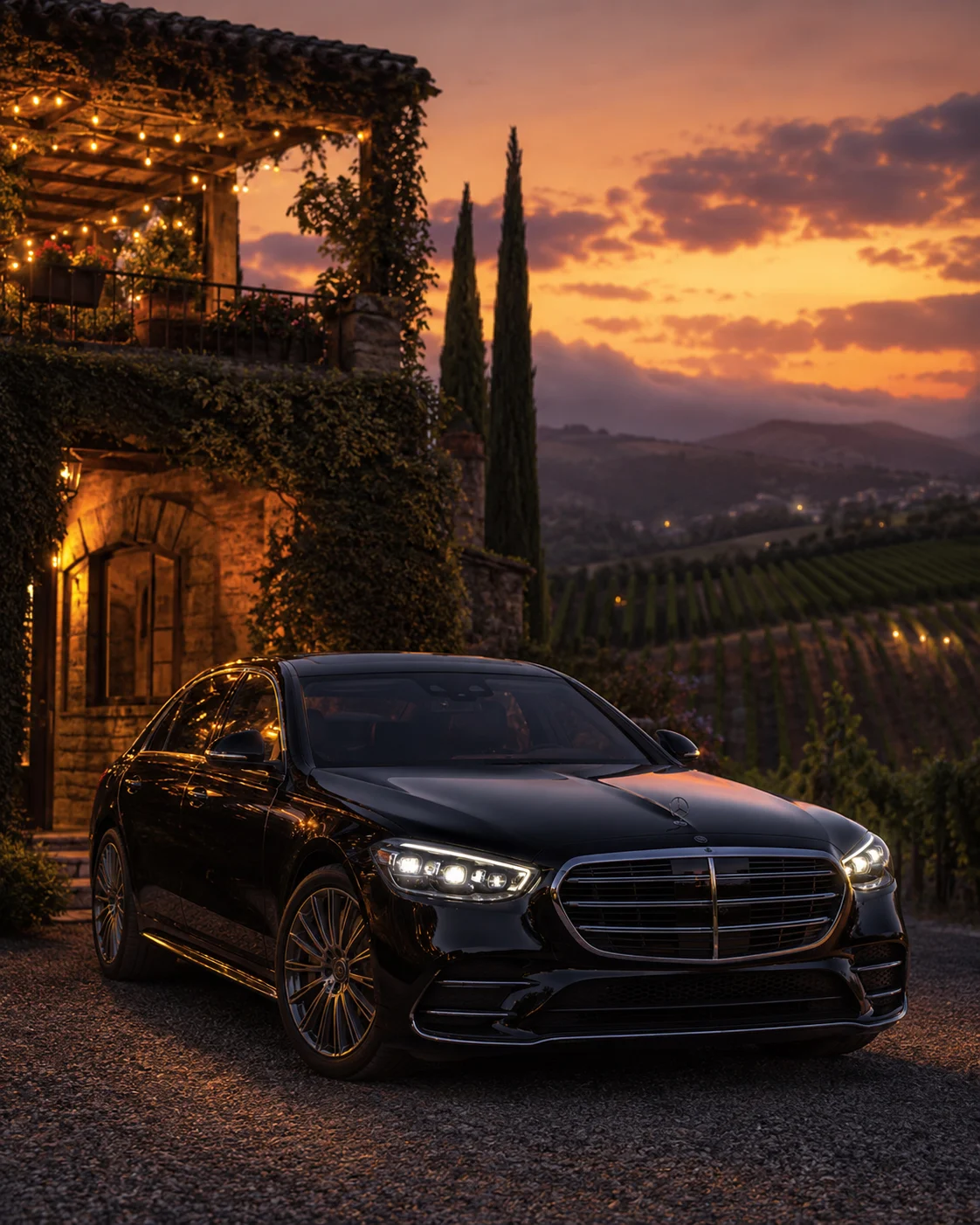 Black Mercedes-Benz S-Class at a vineyard estate at sunset — Santa Barbara wine country chauffeur tour