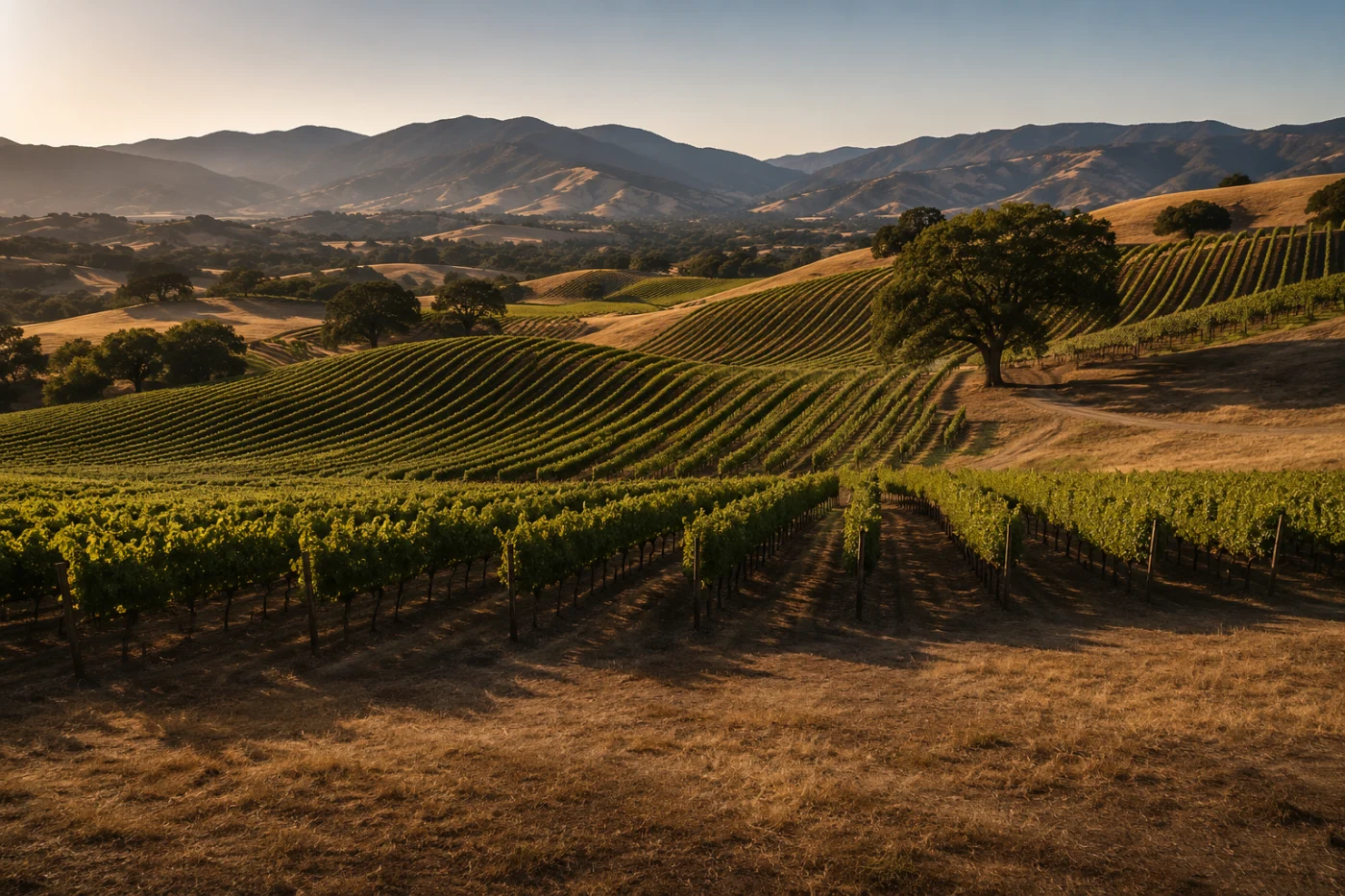 Santa Ynez Valley vineyards and rolling hills at golden hour — Santa Barbara wine tour car service