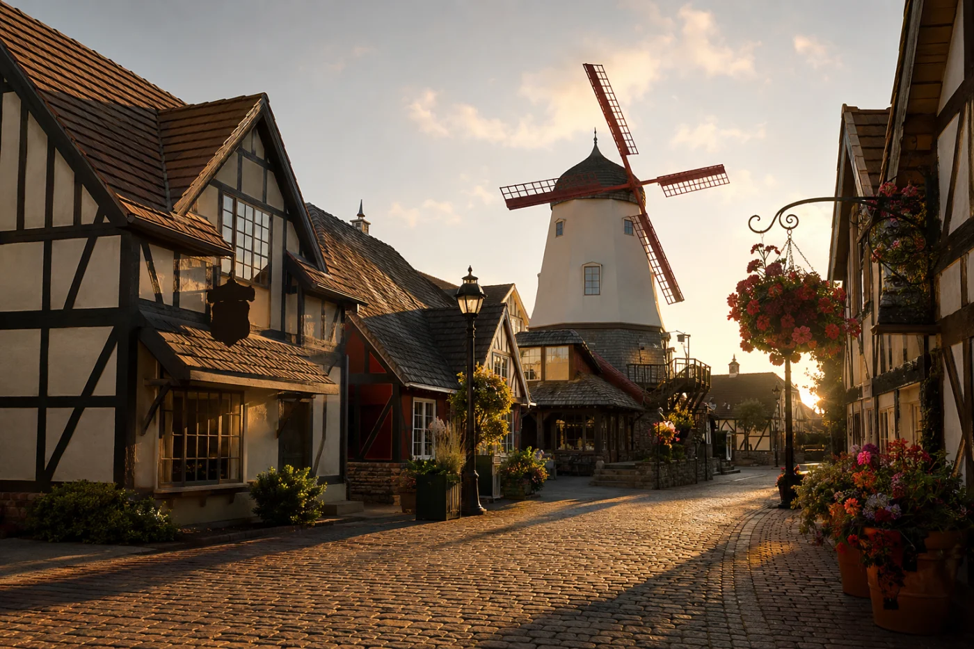 Solvang Danish village windmill at golden hour — Santa Barbara wine country chauffeur tour