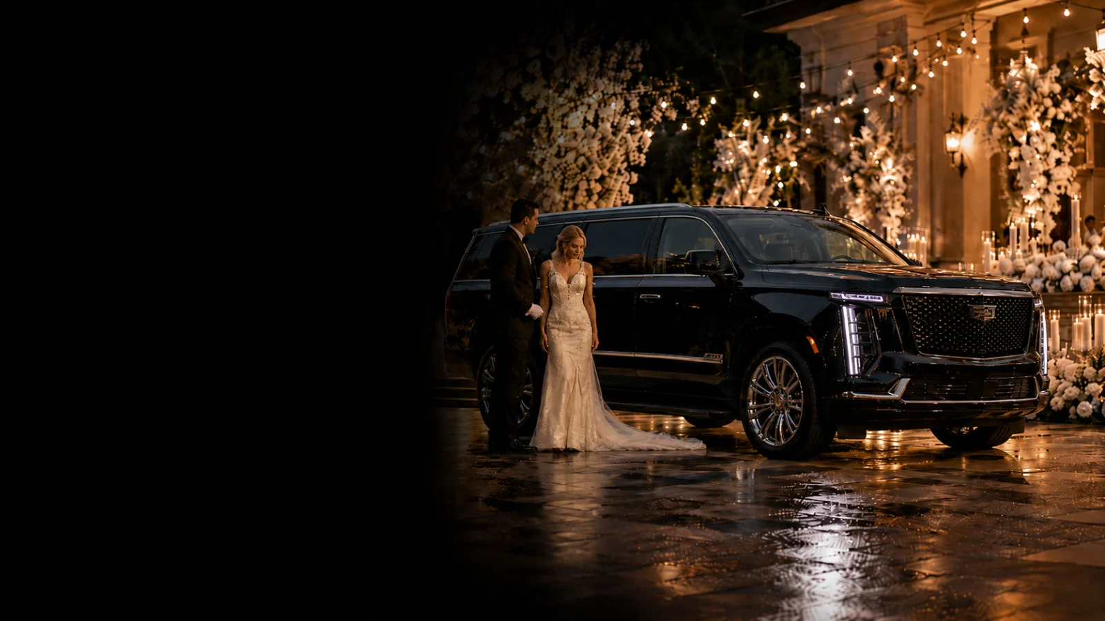 Newlywed couple beside a black Cadillac Escalade at a venue — Santa Barbara wedding car service