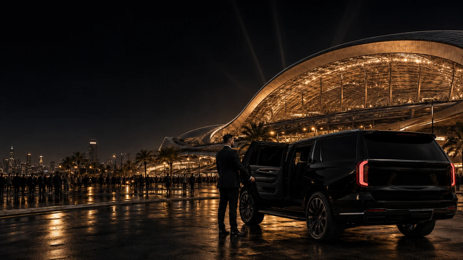 Black luxury SUV with chauffeur at a Los Angeles stadium at night for World Cup 2026 car service